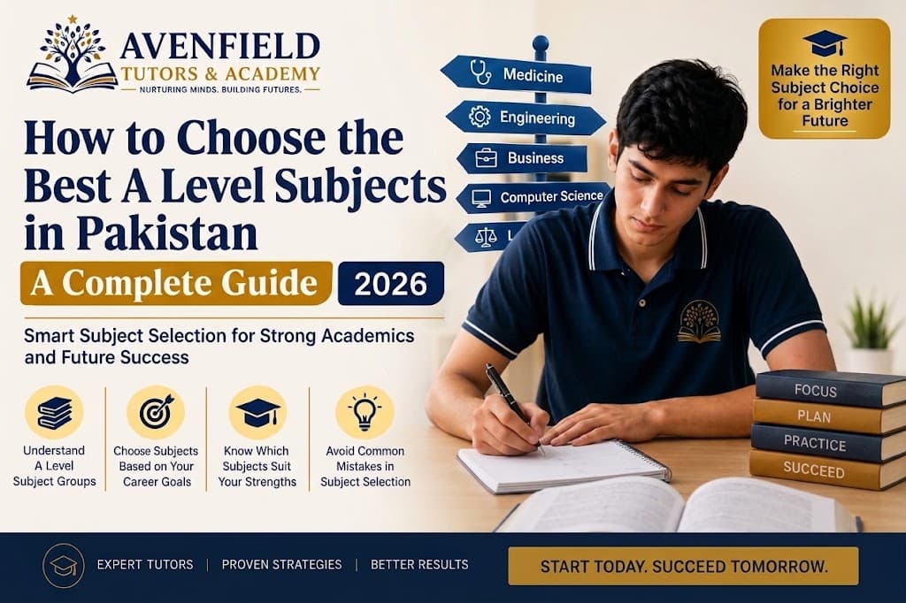 Illustration of a graduation cap, exam paper and clock representing A Level exam preparation in Pakistan