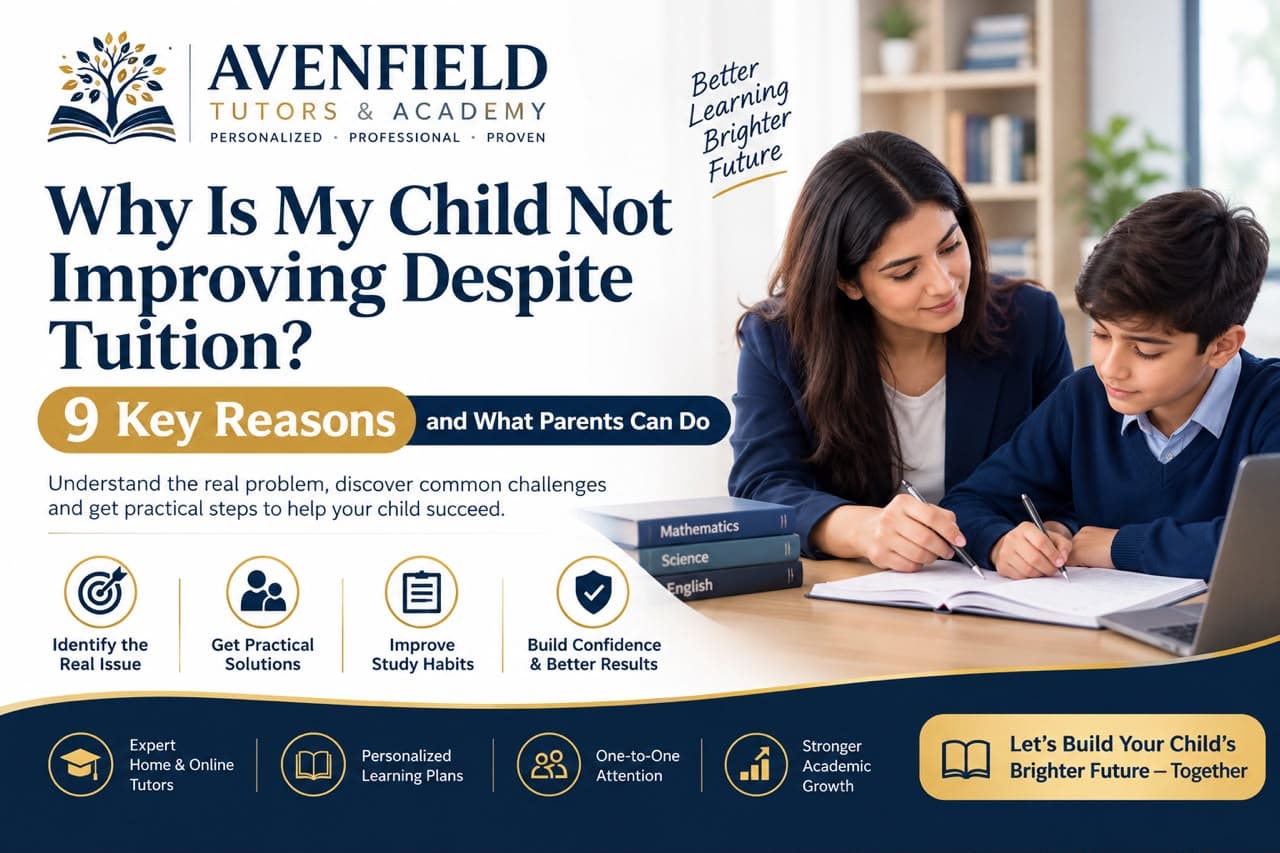 Illustration of a parent and child reviewing academic progress with a tutor, representing why a child may not improve despite tuition