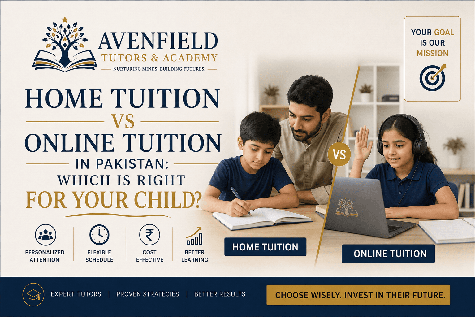 Illustration comparing a home tuition house icon with an online tuition laptop and globe