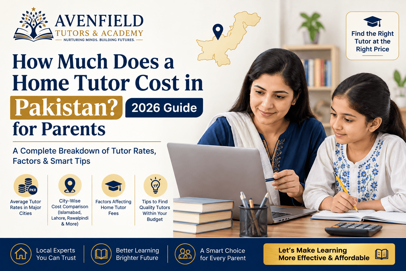 Illustration of a parent reviewing tutor rates on a laptop with a calculator, representing home tutor costs in Pakistan